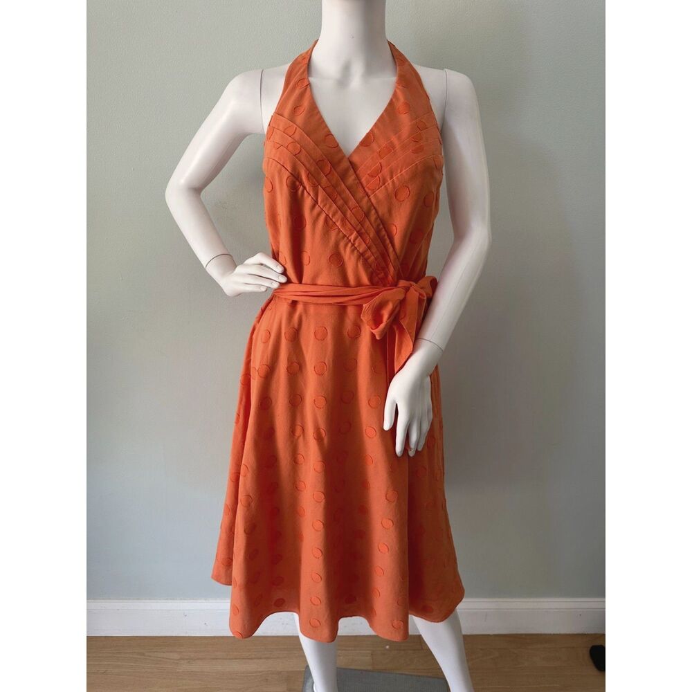 Vintage Orange Halter Wrap Dress Polka Dot Textured Midi Sundress Belted size 8